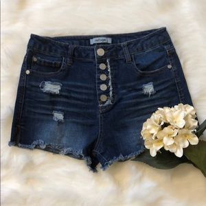 Sold Distressed. High waist button denim shorts